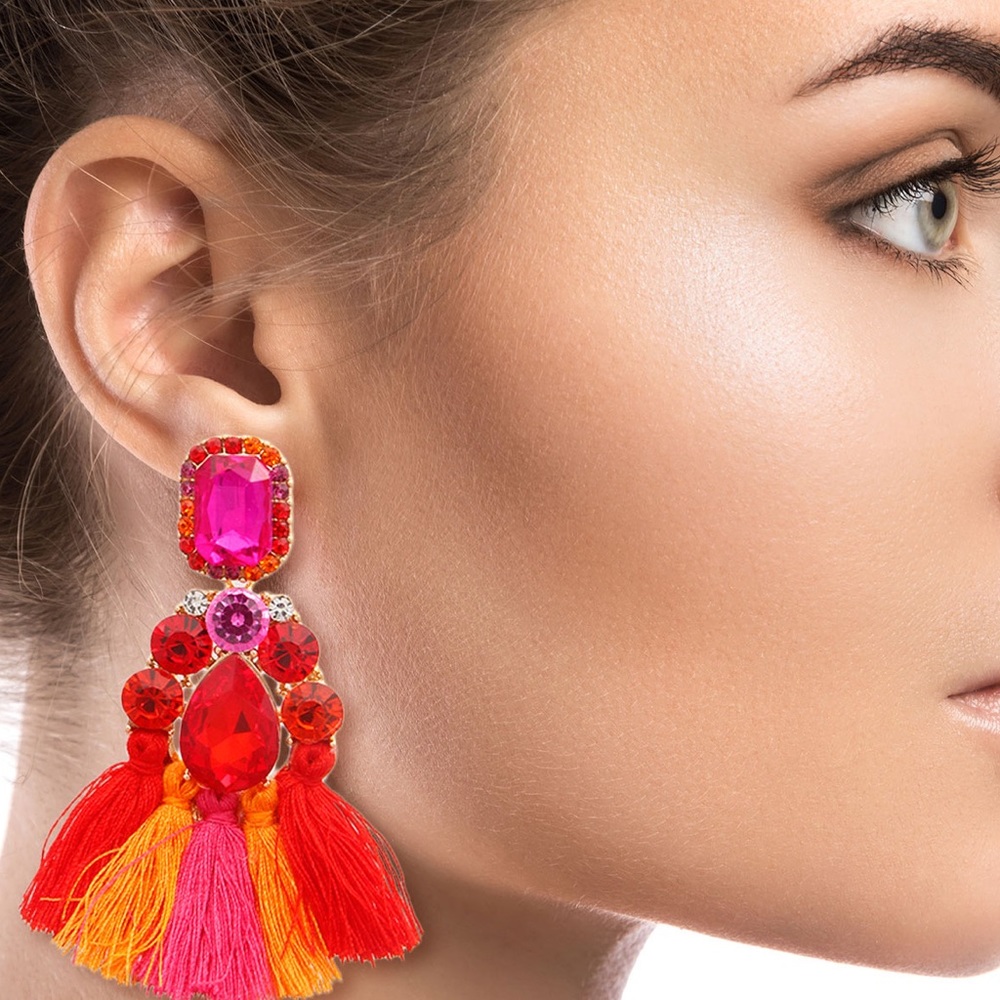 SOLD OUT🆕La Mia RED & FUCHSIA CRYSTAL TASSEL EARRINGS